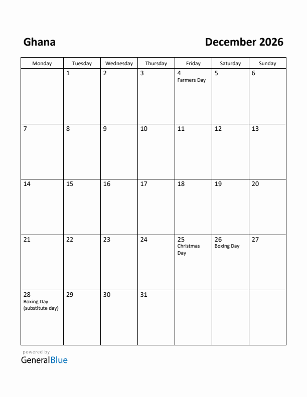 December 2026 Calendar with Ghana Holidays