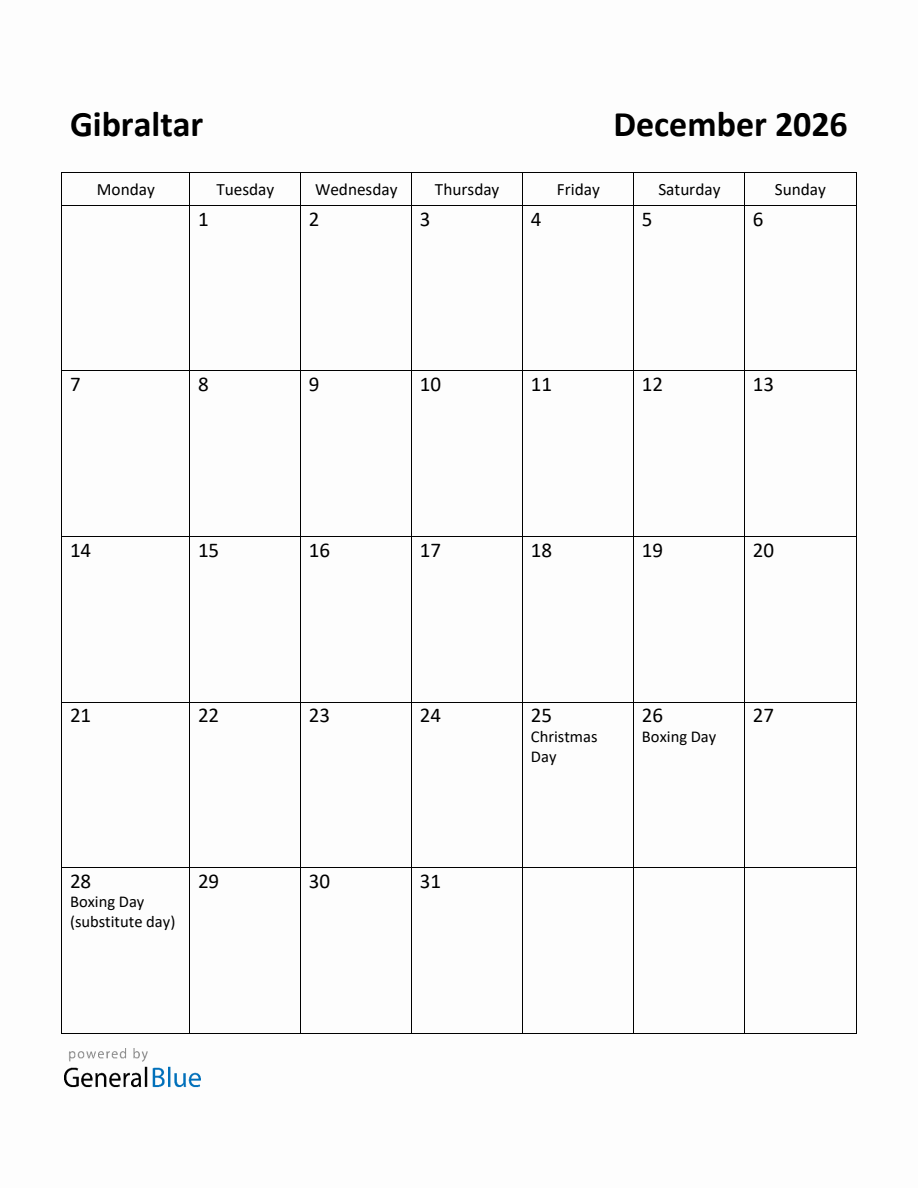 Free Printable December 2026 Calendar for Gibraltar