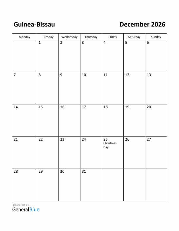 December 2026 Calendar with Guinea-Bissau Holidays