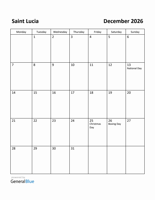 December 2026 Calendar with Saint Lucia Holidays