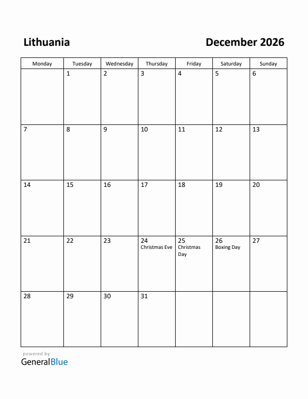 December 2026 Calendar with Lithuania Holidays