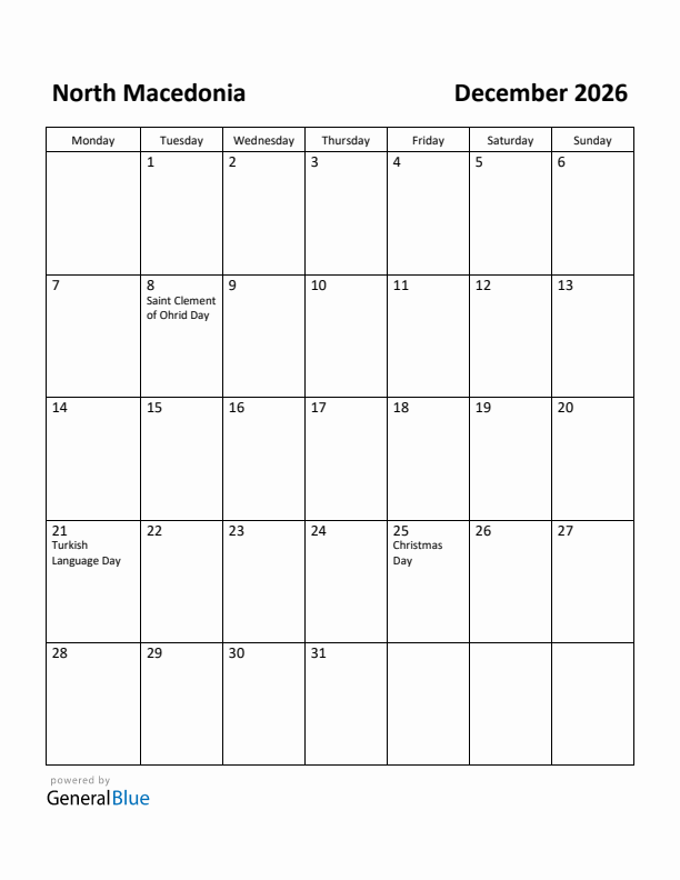 December 2026 Calendar with North Macedonia Holidays