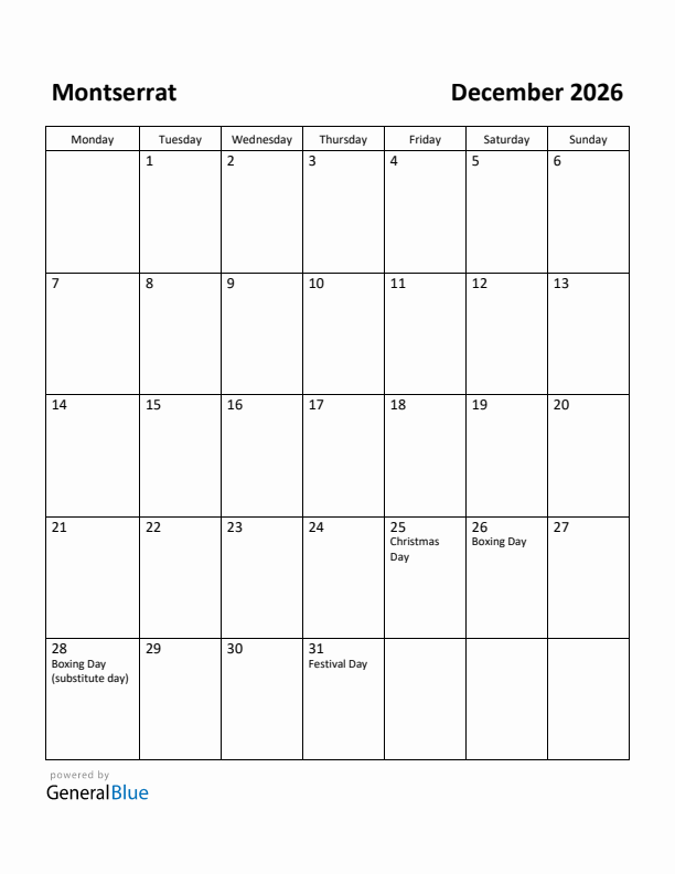 December 2026 Calendar with Montserrat Holidays