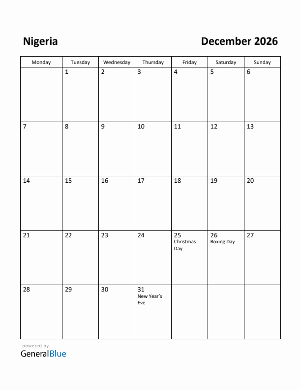 December 2026 Calendar with Nigeria Holidays