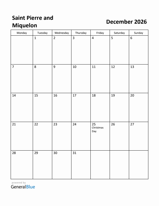 December 2026 Calendar with Saint Pierre and Miquelon Holidays