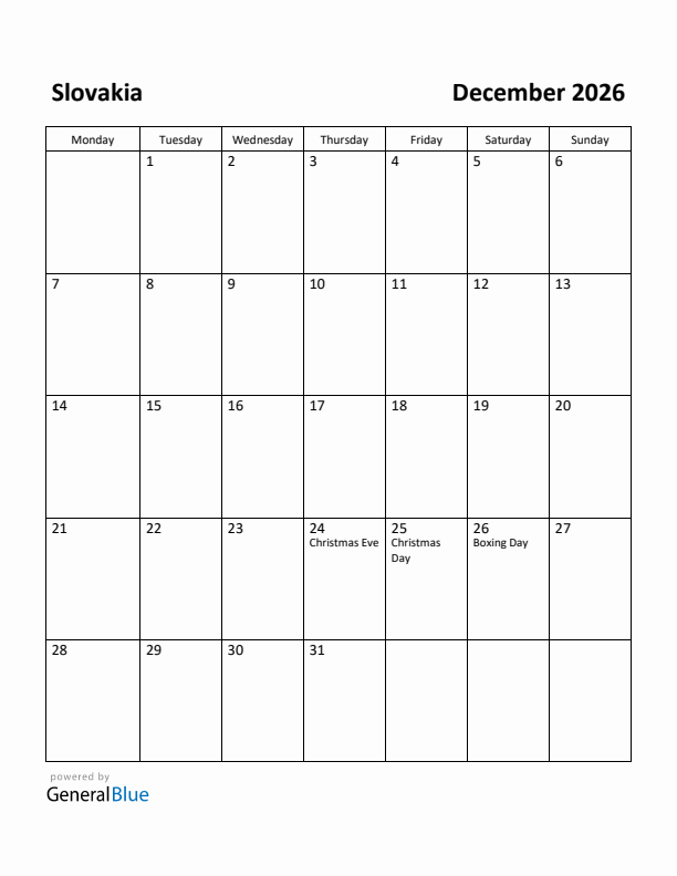December 2026 Calendar with Slovakia Holidays