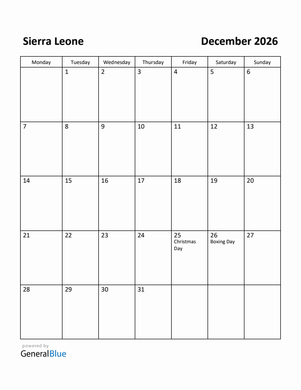 December 2026 Calendar with Sierra Leone Holidays