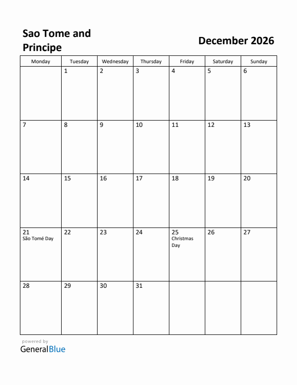 December 2026 Calendar with Sao Tome and Principe Holidays