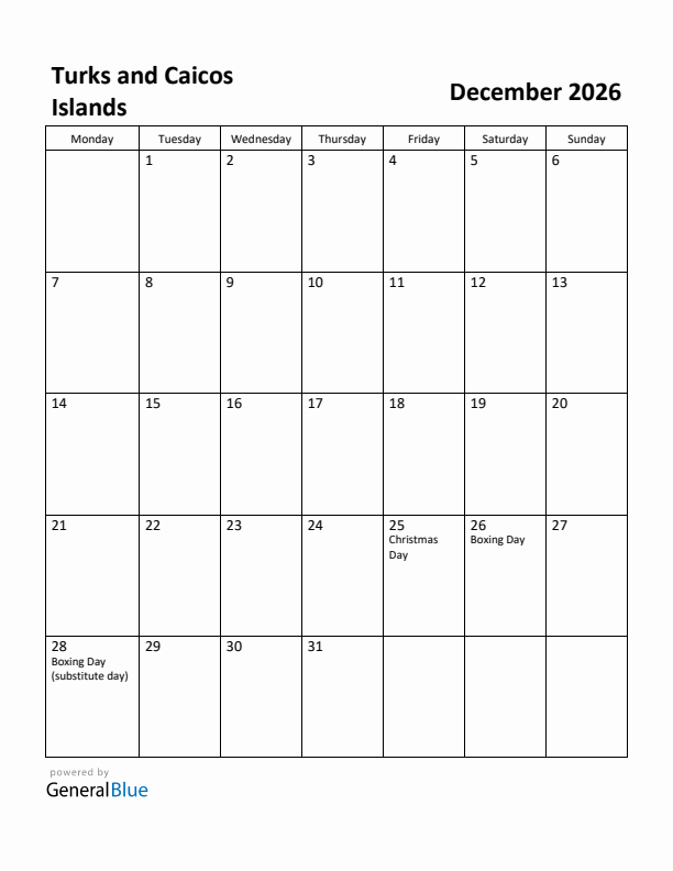 December 2026 Calendar with Turks and Caicos Islands Holidays