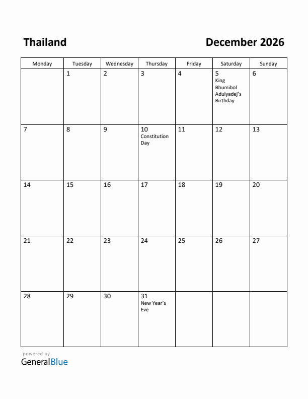 December 2026 Calendar with Thailand Holidays