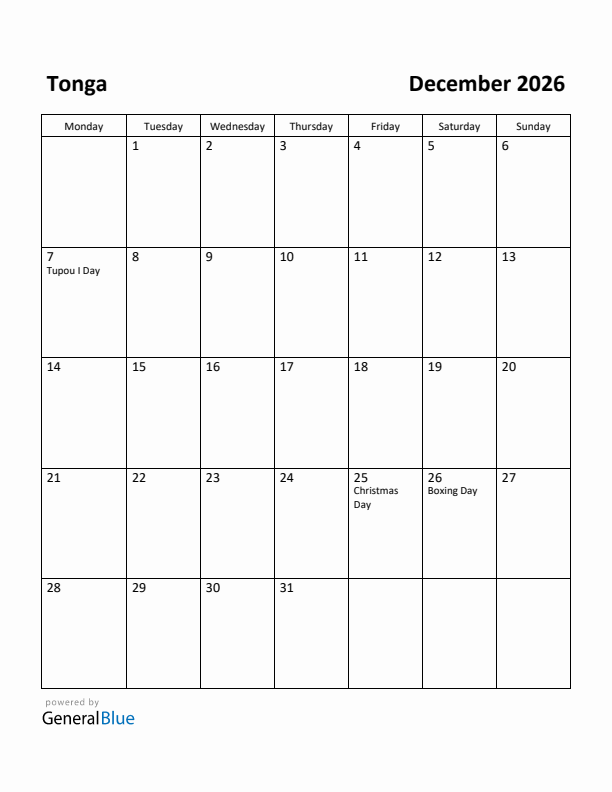 December 2026 Calendar with Tonga Holidays