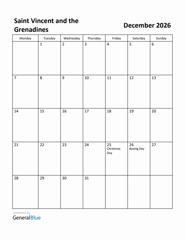 December 2026 Calendar with Saint Vincent and the Grenadines Holidays