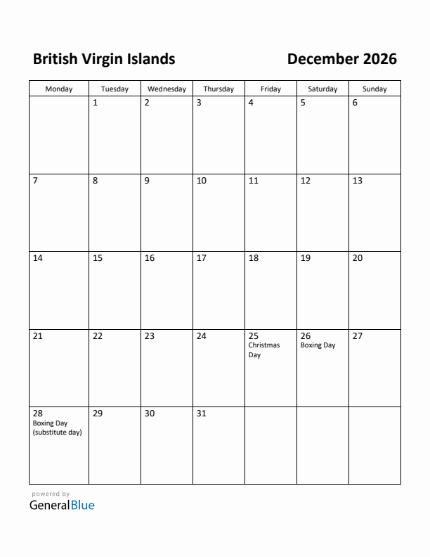 December 2026 Calendar with British Virgin Islands Holidays