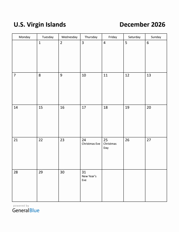 December 2026 Calendar with U.S. Virgin Islands Holidays