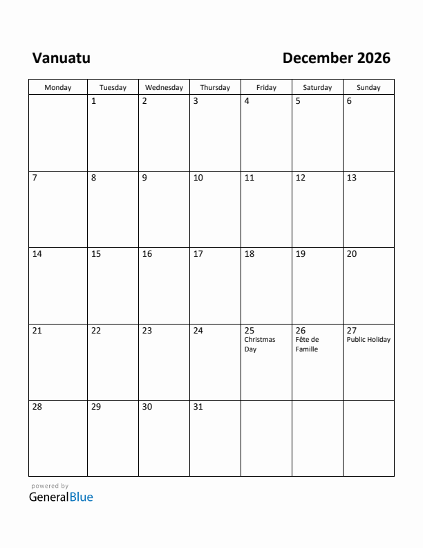 December 2026 Calendar with Vanuatu Holidays