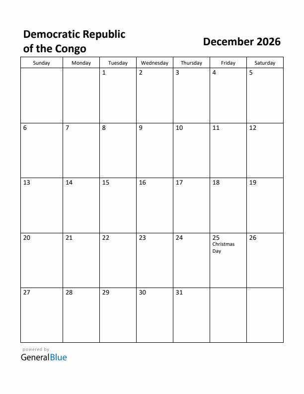 December 2026 Calendar with Democratic Republic of the Congo Holidays