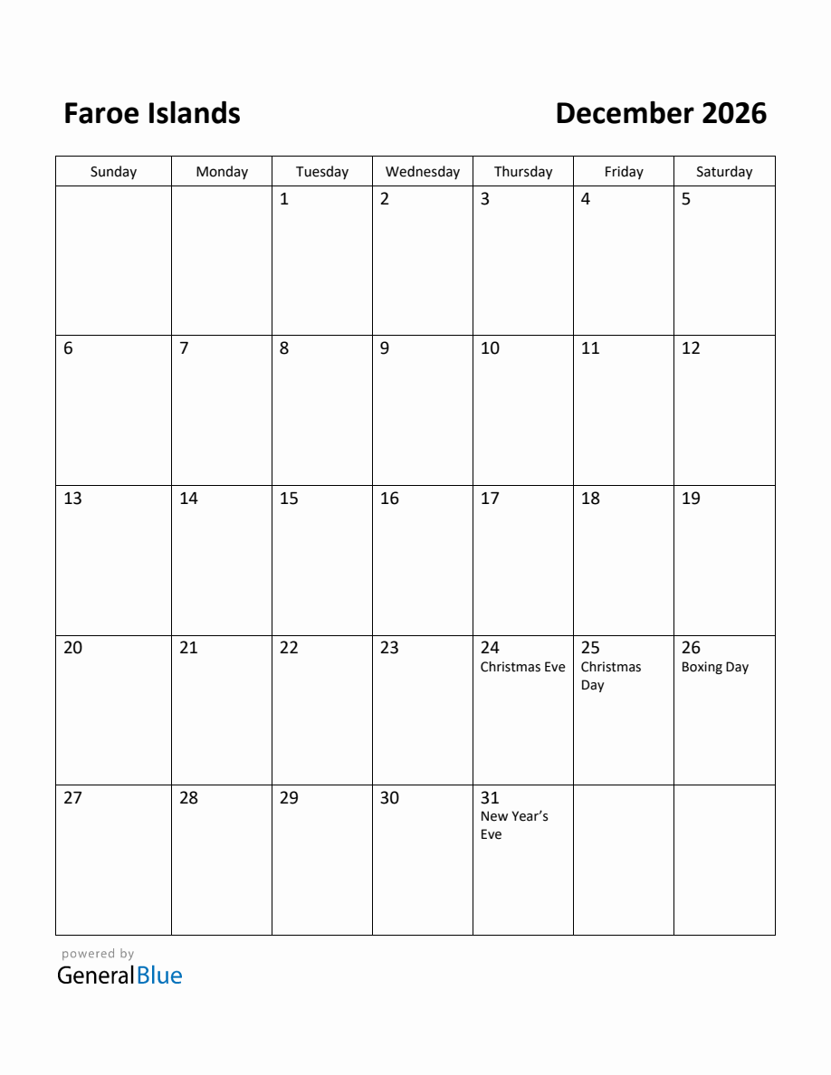 Free Printable December 2026 Calendar for Faroe Islands