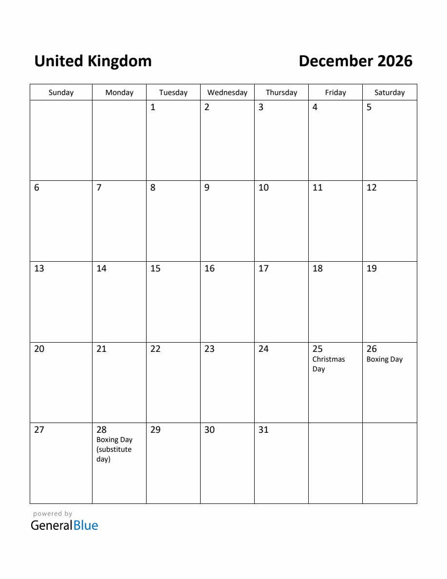 Free Printable December 2026 Calendar for United Kingdom