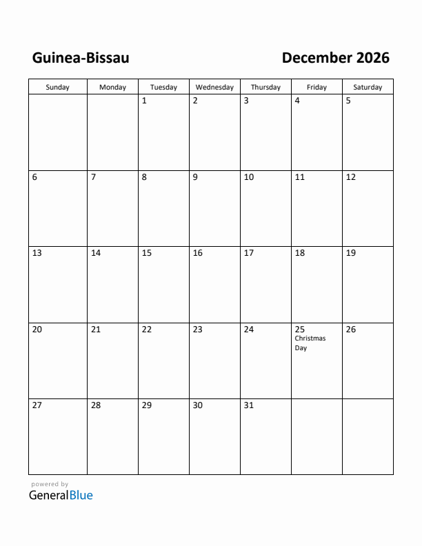 December 2026 Calendar with Guinea-Bissau Holidays