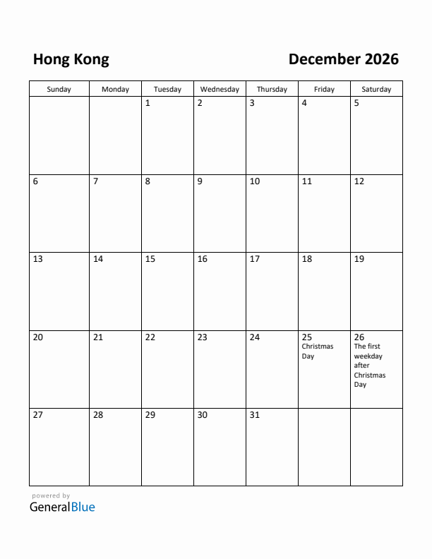 December 2026 Calendar with Hong Kong Holidays