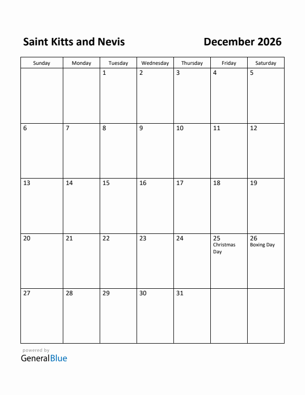 December 2026 Calendar with Saint Kitts and Nevis Holidays