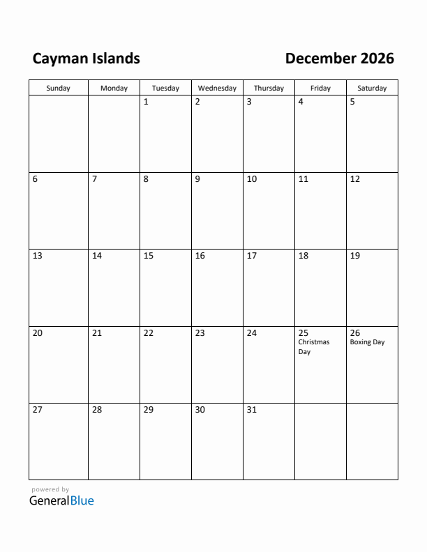 December 2026 Calendar with Cayman Islands Holidays