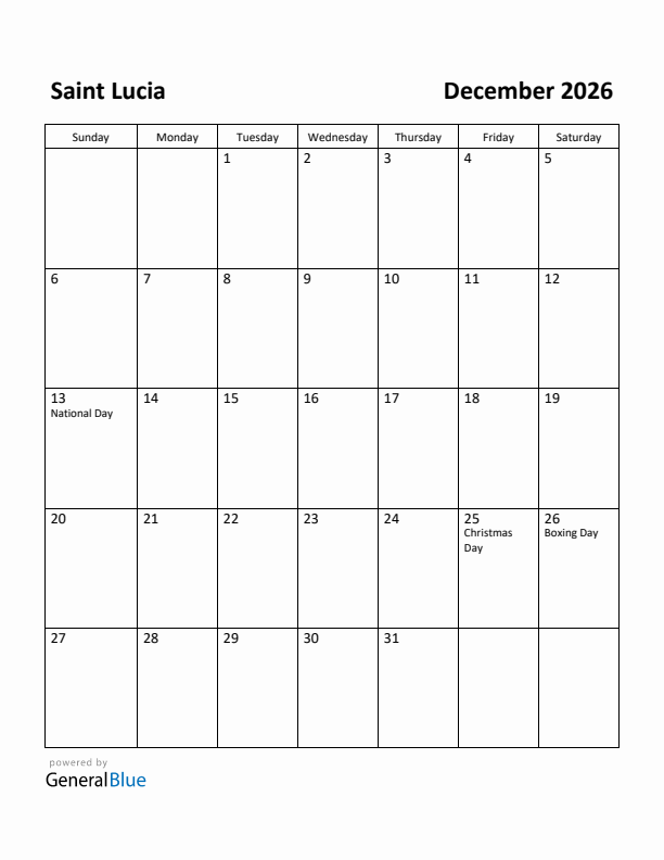 December 2026 Calendar with Saint Lucia Holidays