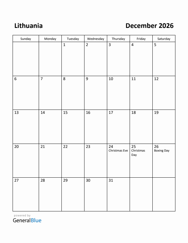 December 2026 Calendar with Lithuania Holidays