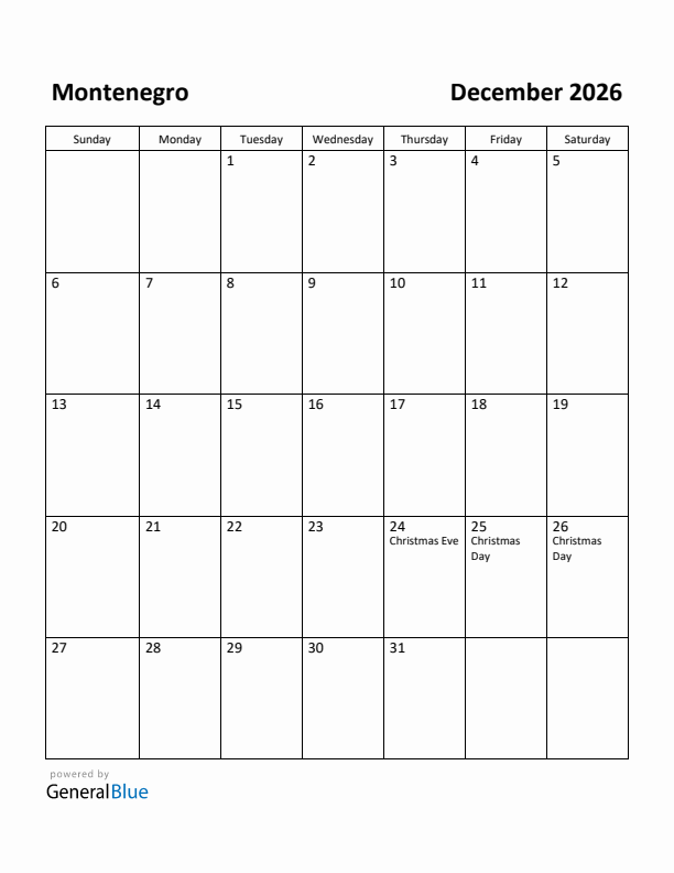 December 2026 Calendar with Montenegro Holidays