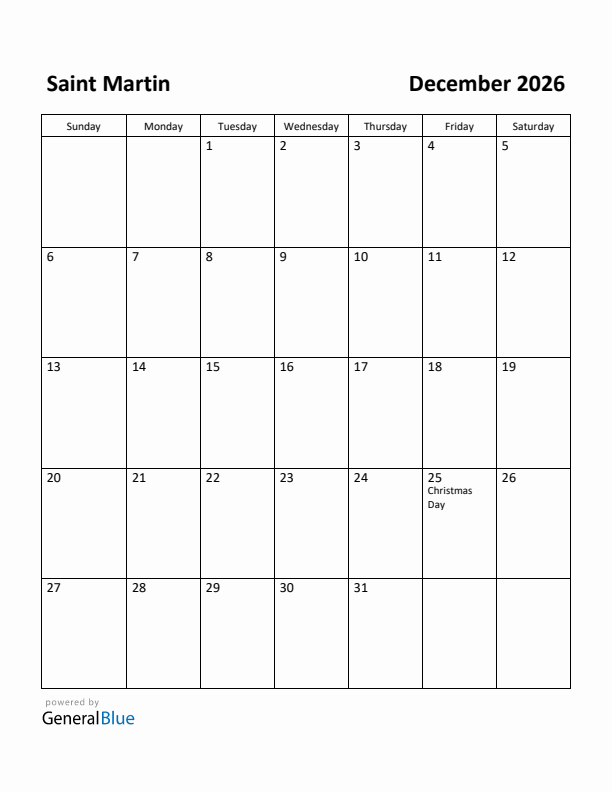December 2026 Calendar with Saint Martin Holidays