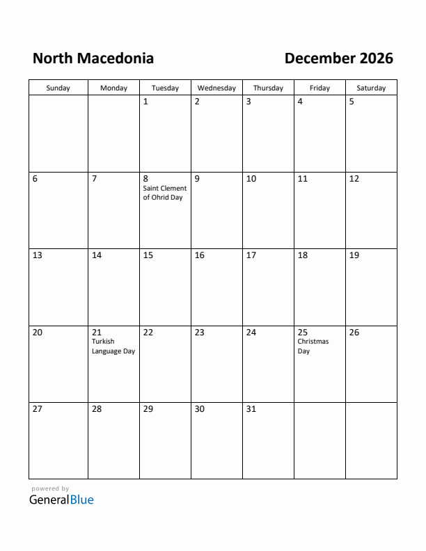 December 2026 Calendar with North Macedonia Holidays