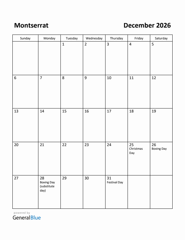December 2026 Calendar with Montserrat Holidays