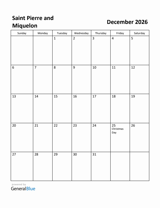 December 2026 Calendar with Saint Pierre and Miquelon Holidays