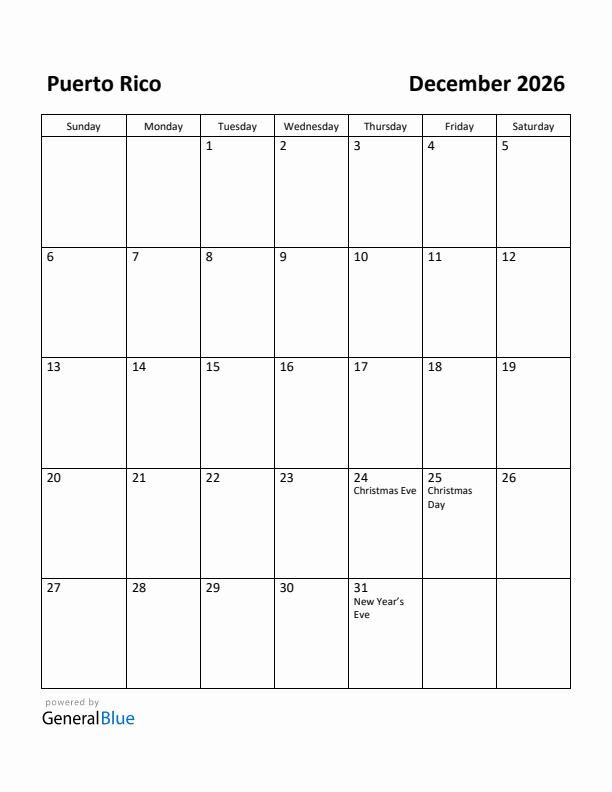 December 2026 Calendar with Puerto Rico Holidays