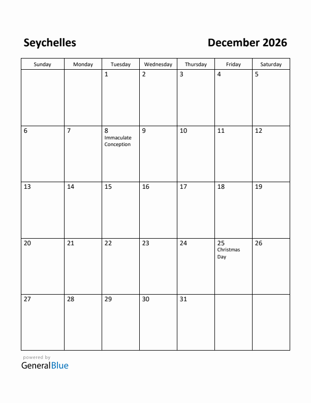 December 2026 Calendar with Seychelles Holidays