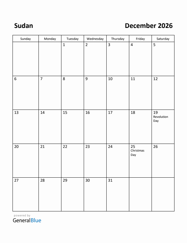 December 2026 Calendar with Sudan Holidays