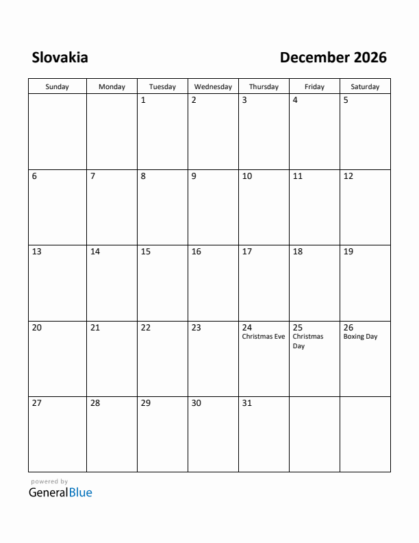 December 2026 Calendar with Slovakia Holidays