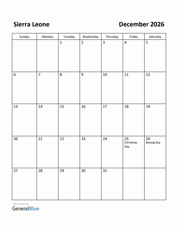 December 2026 Calendar with Sierra Leone Holidays