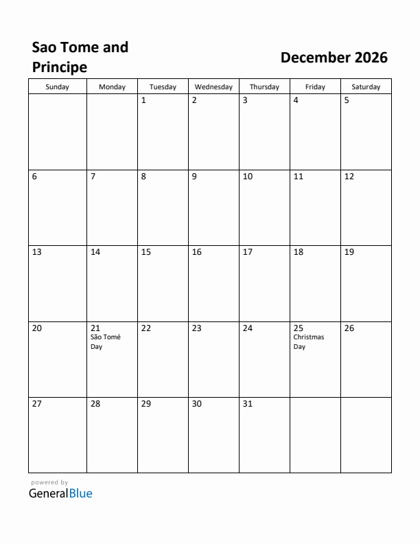 December 2026 Calendar with Sao Tome and Principe Holidays