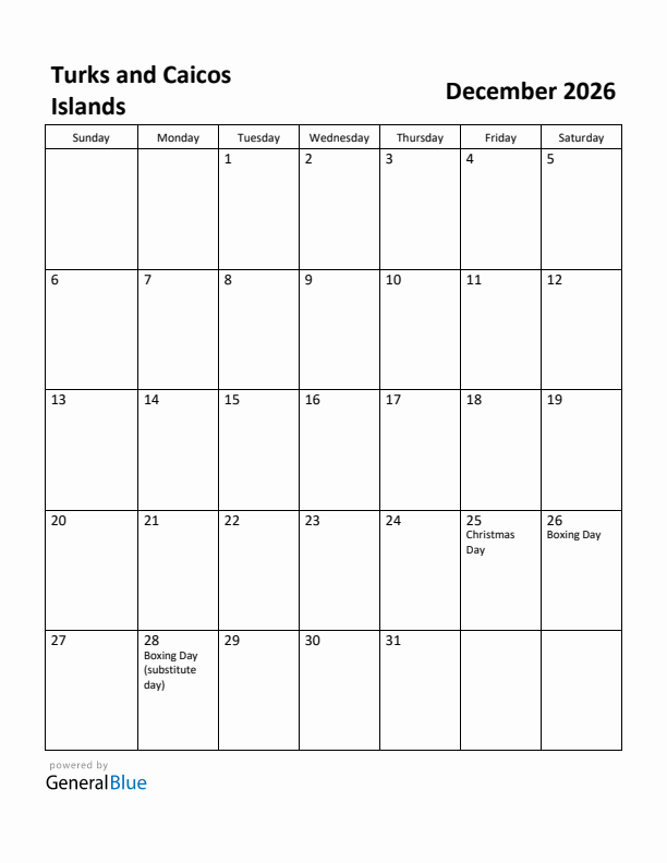 December 2026 Calendar with Turks and Caicos Islands Holidays