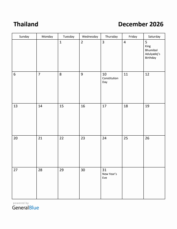 December 2026 Calendar with Thailand Holidays