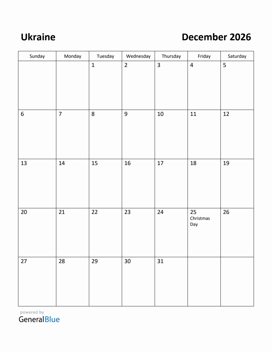 Free Printable December 2026 Calendar for Ukraine