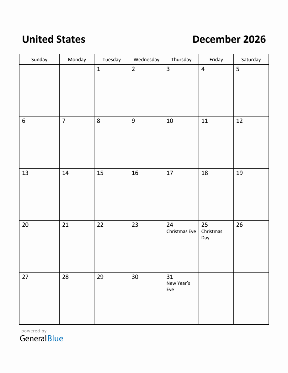 Free Printable December 2026 Calendar for United States