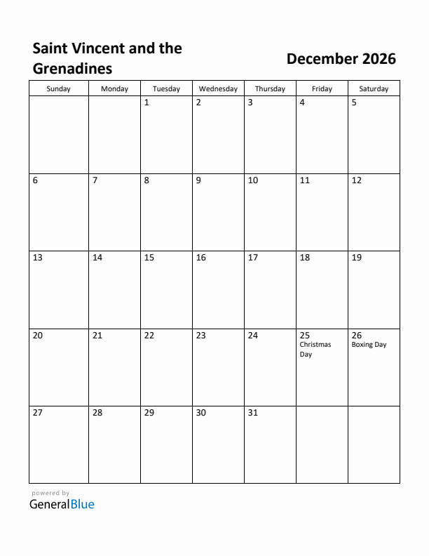 December 2026 Calendar with Saint Vincent and the Grenadines Holidays