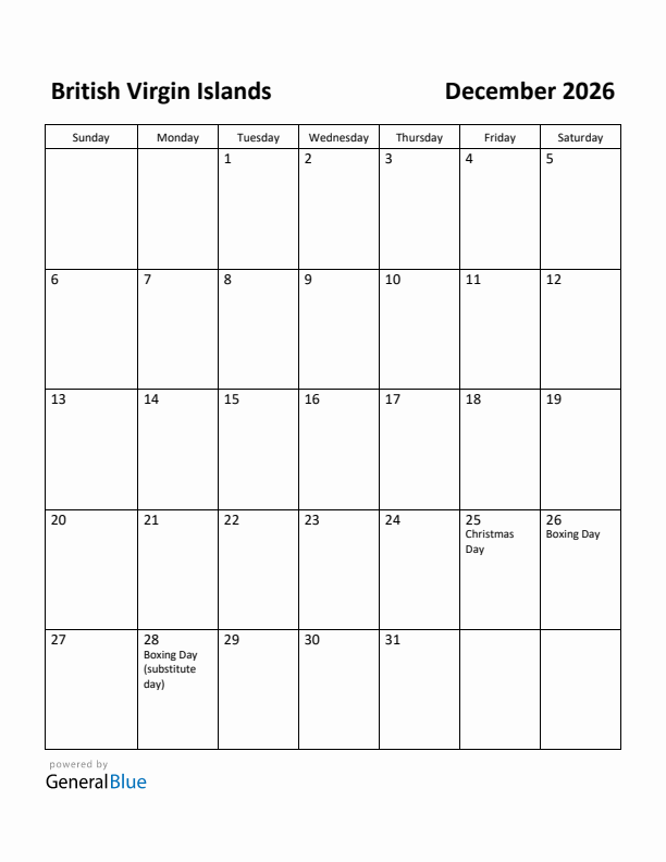 December 2026 Calendar with British Virgin Islands Holidays
