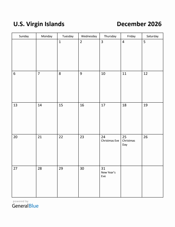 December 2026 Calendar with U.S. Virgin Islands Holidays
