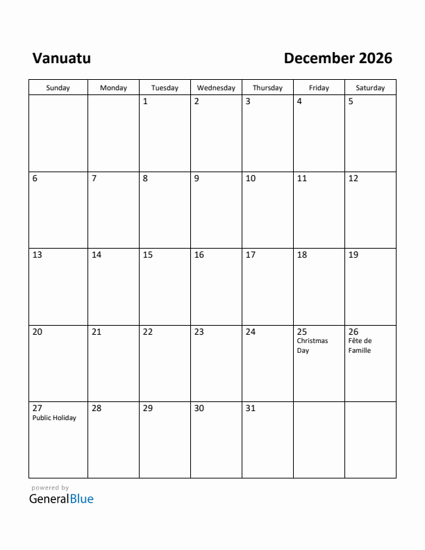 December 2026 Calendar with Vanuatu Holidays