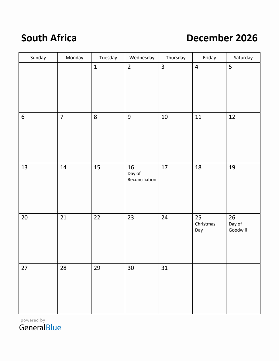 Free Printable December 2026 Calendar for South Africa