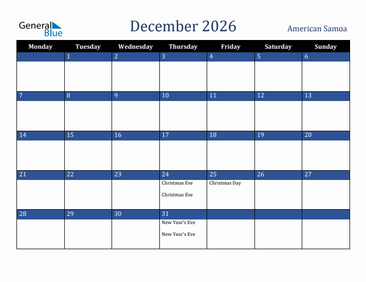 December 2026 American Samoa Calendar (Monday Start)