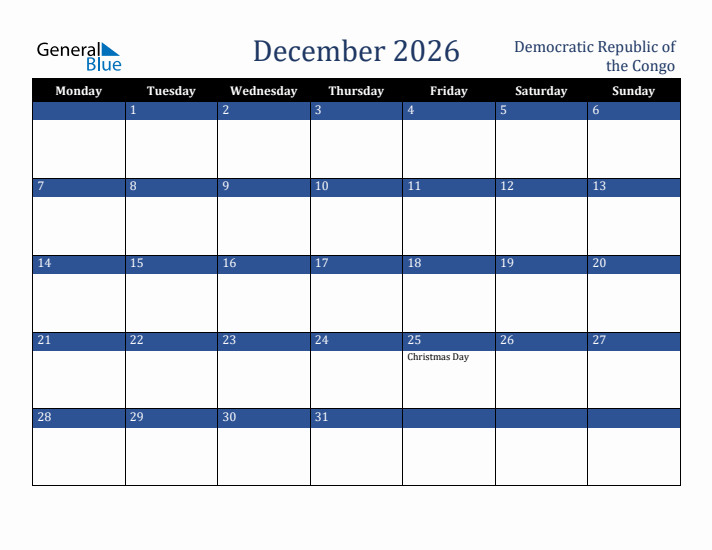 December 2026 Democratic Republic of the Congo Calendar (Monday Start)